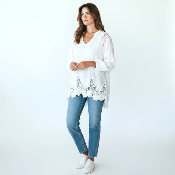 ADIVA Semi Sheer White Boho Style Blouse White Lace 1X Feminine Coquette Boho - Picture 1 of 9